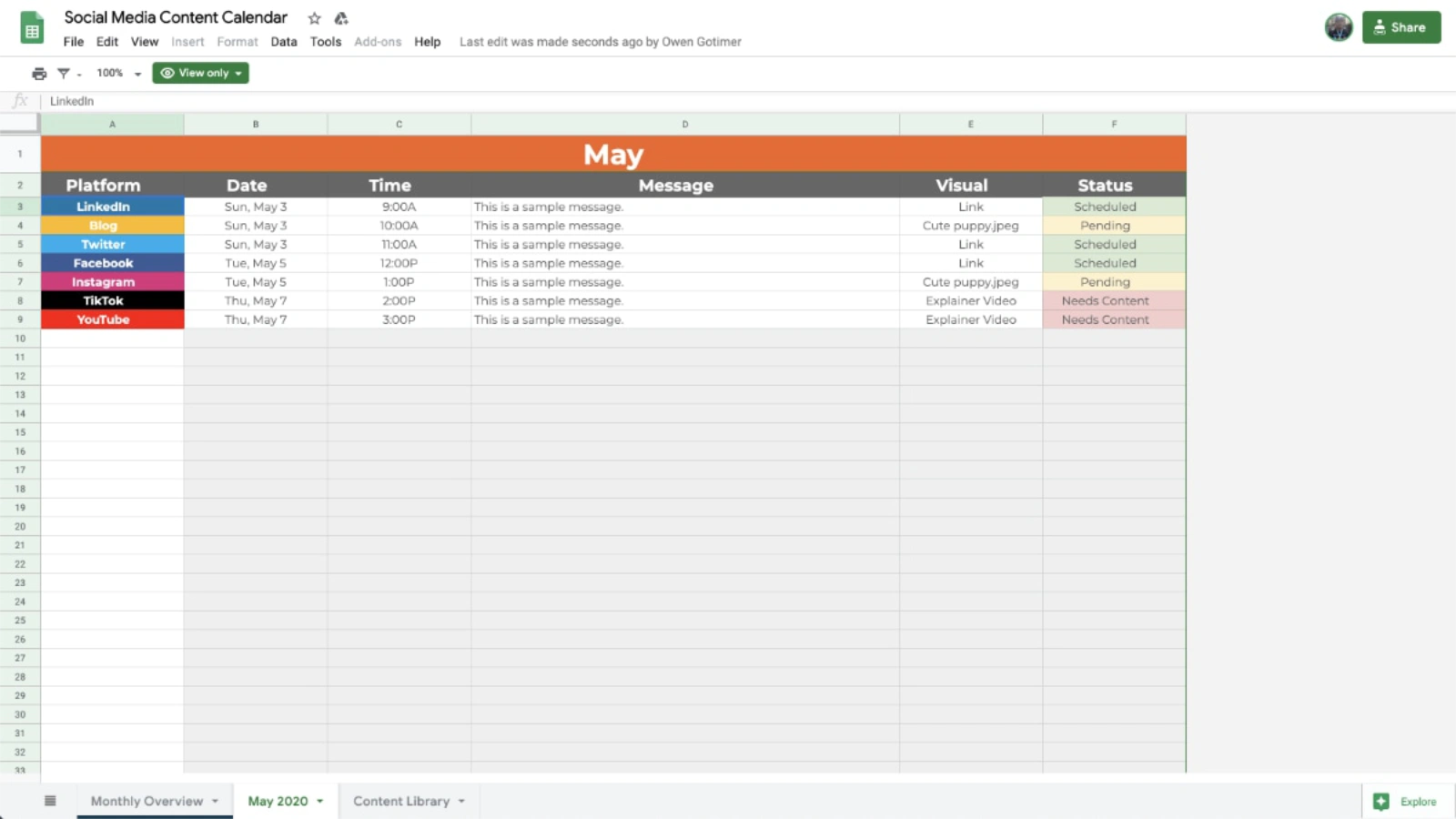 Social Media Content Calendar Detailed Content Plan