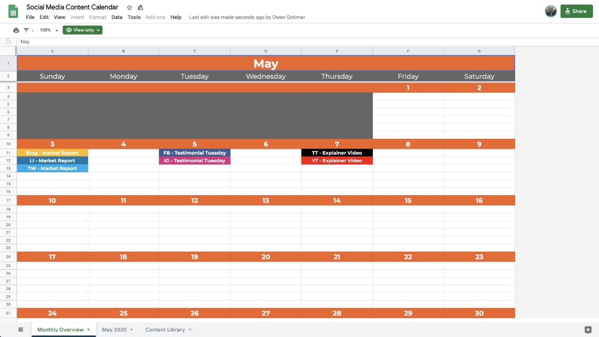 Google Sheets Social Media Content Calendar Template