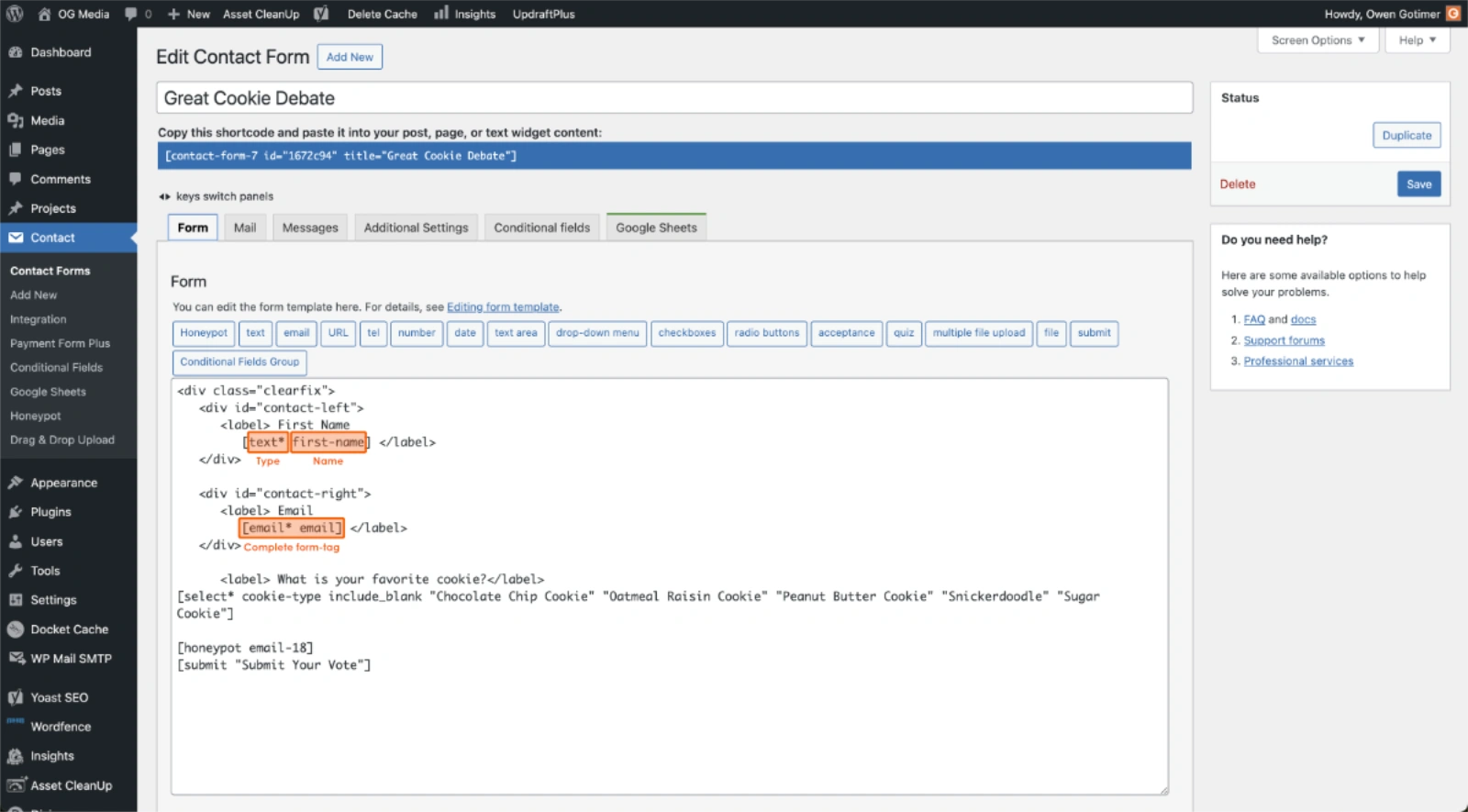 Screenshot of form-tags in the Contact Form 7 plugin in WordPress